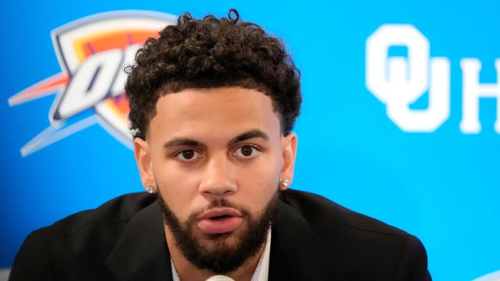 Ajay Mitchell speaks during an introductory press conference for the 2024 Thunder draft picks at Oklahoma Contemporary Arts Center in Oklahoma City, Saturday, June, 29, 2024.