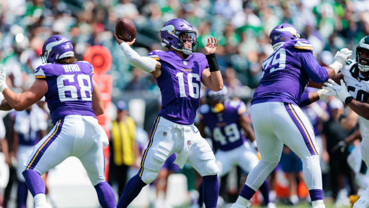 Minnesota Vikings quarterback Jaren Hall (16) throws against the Philadelphia Eagles during the second quarter at Lincoln Financial Field in Philadelphia on Aug. 24, 2024.