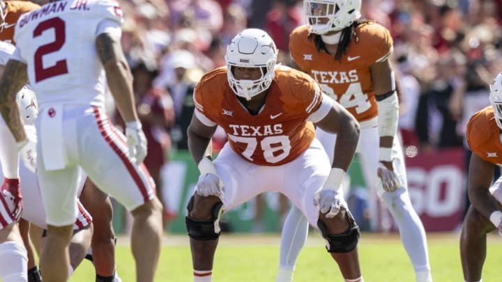 Oct 7, 2023; Dallas, Texas, USA; Texas Longhorns offensive lineman Kelvin Banks Jr. (78) in action during the game between the Texas Longhorns and the Oklahoma Sooners at the Cotton Bowl. Mandatory Credit: Jerome Miron-USA TODAY Sports