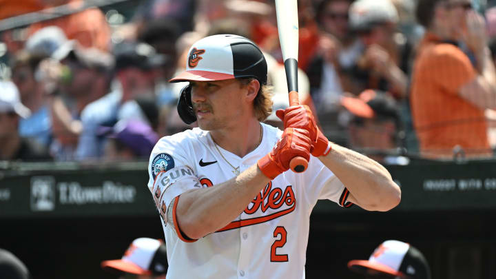 Jul 14, 2024; Baltimore, Maryland, USA;  Baltimore Orioles shortstop Gunnar Henderson (2) stands in the on deck circle during the first inning against the New York Yankees at Oriole Park at Camden Yards. Mandatory Credit: James A. Pittman-USA TODAY Sports