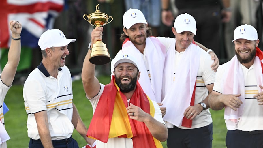 Jon Rahm during the trophy ceremony for the 2025 Ryder Cup at Bethpage Black