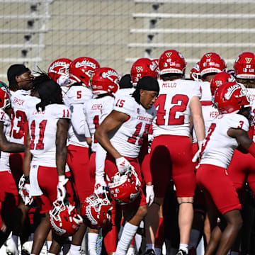 Nov 30, 2024; Pasadena, California, USA; Fresno State Bulldogs before playing the UCLA Bruins at Rose Bowl. Mandatory Credit: Robert Hanashiro-Imagn Images