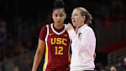 Feb 13, 2025; Los Angeles, California, USA; USC Trojans guard JuJu Watkins (12) and head coach Lindsay Gottlieb during the second half against the UCLA Bruins at Galen Center. 