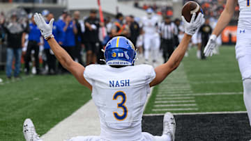 Nov 9, 2024; Corvallis, Oregon, USA; San Jose State Spartans wide receiver Nick Nash (3) celebrates a touchdown pass reception during the first half against the Oregon State Beavers at Reser Stadium. Mandatory Credit: Craig Strobeck-Imagn Images