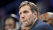 Former NBA player Dirk Nowitzki watching the Dallas Wings-Seattle Storm game on May 19, 2025.