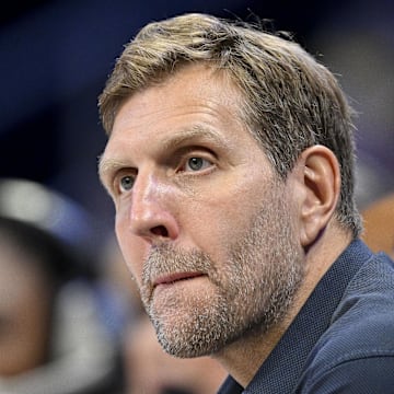 Former NBA player Dirk Nowitzki watching the Dallas Wings-Seattle Storm game on May 19, 2025.