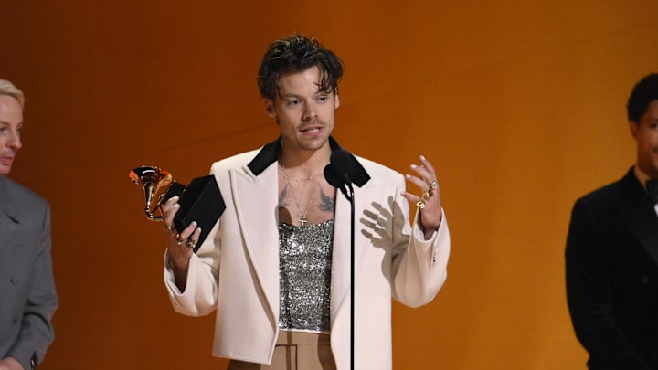 Feb 5, 2023; Los Angeles, CA, USA; Harry Styles accepts the award for album of the year for Harry's House during the 65th Annual Grammy Awards at Crypto.com Arena in Los Angeles on Sunday, Feb. 5, 2023.. Mandatory Credit: Robert Hanashiro-USA TODAY Feb 5, 2023; Los Angeles, CA, USA; Harry Styles accepts the award for album of the year for Harry's House during the 65th Annual Grammy Awards at Crypto.com Arena in Los Angeles on Sunday, Feb. 5, 2023.. Mandatory Credit: Robert Hanashiro-USA TODAY