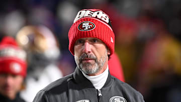 Dec 1, 2024; Orchard Park, New York, USA; San Francisco 49ers head coach Kyle Shanahan on the field before a game against the Buffalo Bills at Highmark Stadium. Mandatory Credit: Mark Konezny-Imagn Images
