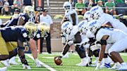 Notre Dame Fighting Irish and Tennessee State Tigers line up at the line of scrimmage in the second quarter at Notre Dame Stadium.