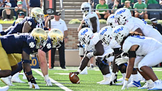Notre Dame Fighting Irish and Tennessee State Tigers line up at the line of scrimmage in the second quarter at Notre Dame Stadium.
