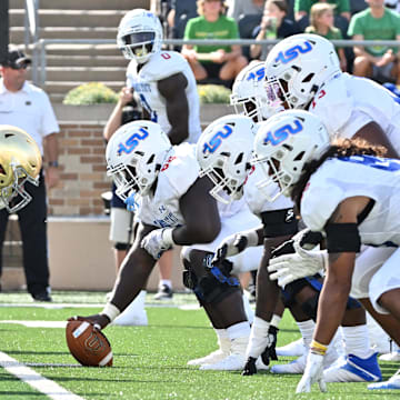 Notre Dame Fighting Irish and Tennessee State Tigers line up at the line of scrimmage in the second quarter at Notre Dame Stadium.