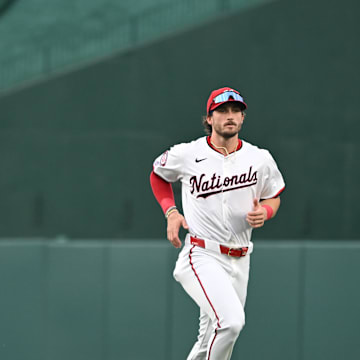 Aug 26, 2024; Washington, District of Columbia, USA; Washington Nationals left fielder James Wood (29) and center fielder Dylan Crews (3) warm up before a game against the New York Yankees at Nationals Park. Mandatory Credit: Rafael Suanes-Imagn Images