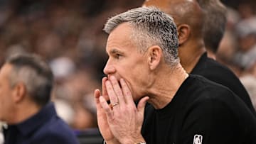 Nov 10, 2025; Chicago, Illinois, USA;  Chicago Bulls head coach Billy Donovan directs the team during the first half against the San Antonio Spurs at United Center. Mandatory Credit: Matt Marton-Imagn Images