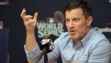Oct 25, 2024; Los Angeles, California, USA; Los Angeles Dodgers president of baseball operations Andrew Friedman speaks in a press conference before game one against the New York Yankees in the 2024 MLB World Series at Dodger Stadium. Mandatory Credit: Jayne Kamin-Oncea-Imagn Images