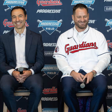 Nov 10, 2023; Cleveland, OH, USA;  Cleveland Guardians manager Stephen Vogt, middle, and president of baseball operations Chris Antonetti, left, and general manager Mike Chernoff, right, talk to the media during an introductory press conference at Progressive Field. Mandatory Credit: Ken Blaze-USA TODAY Sports
