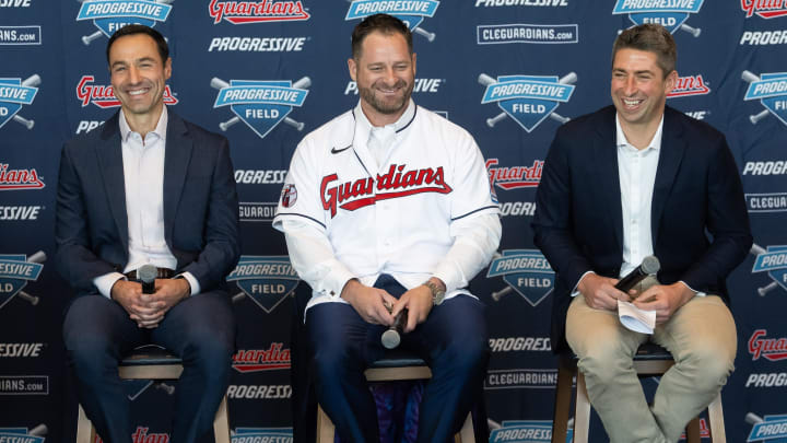 Nov 10, 2023; Cleveland, OH, USA;  Cleveland Guardians manager Stephen Vogt, middle, and president of baseball operations Chris Antonetti, left, and general manager Mike Chernoff, right, talk to the media during an introductory press conference at Progressive Field. Mandatory Credit: Ken Blaze-USA TODAY Sports
