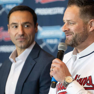 Nov 10, 2023; Cleveland, OH, USA;  Cleveland Guardians manager Stephen Vogt, right, talks to the media as president of baseball operations Chris Antonetti looks on during an introductory press conference at Progressive Field. Mandatory Credit: Ken Blaze-USA TODAY Sports
