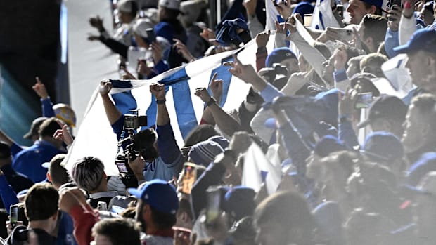Chicago Cubs fans in stands at Wrigley Field