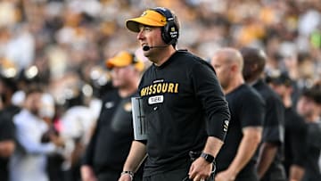Missouri Tigers head coach Eliah Drinkwitz watches his team from the sidelines, in a game against the Vanderbilt Commodores this season.