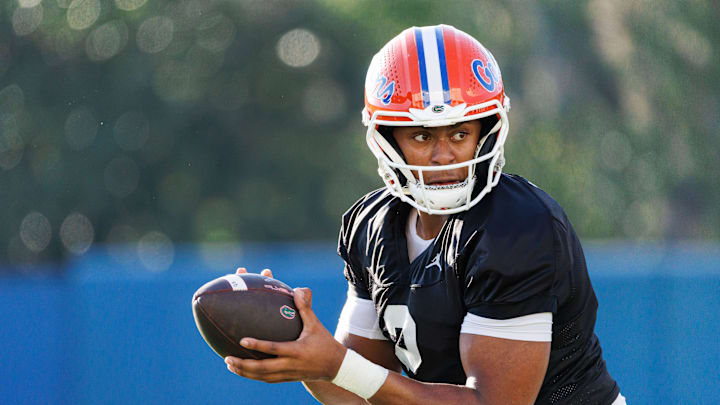 Florida Gators quarterback DJ Lagway (2) looks to hand off the ball during spring football practice at Heavener Football Complex at the University of Florida in Gainesville, FL on Thursday, March 6, 2025. [Matt Pendleton/Gainesville Sun]