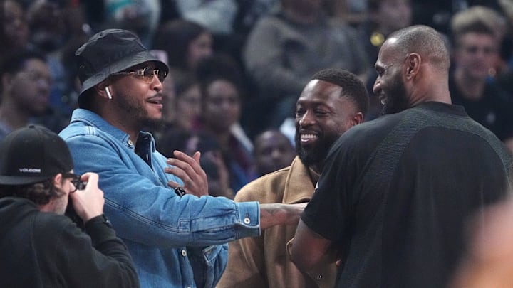 Carmelo Anthony, Dwyane Wade and LeBron James greet each other before the 2023 NBA All-Star Game Carmelo Anthony, Dwyane Wade and LeBron James greet each other before the 2023 NBA All-Star Game