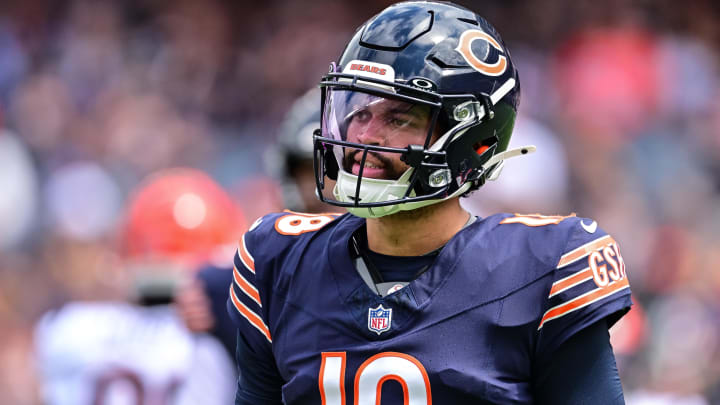 Aug 17, 2024; Chicago, Illinois, USA; Chicago Bears quarterback Caleb Williams (18) looks on against the Cincinnati Bengals during the first quarter at Soldier Field.