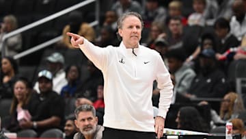 Nov 16, 2025; Washington, District of Columbia, USA;  Washington Wizards head coach Brian Keefe points out instructions during the first quarter against the Brooklyn Nets at Capital One Arena. Mandatory Credit: Rafael Suanes-Imagn Images