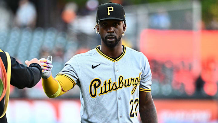 Sep 9, 2025; Baltimore, Maryland, USA;  Pittsburgh Pirates designated hitter Andrew McCutchen (22) walks on the field before the game between the Baltimore Orioles and the Pittsburgh Pirates at Oriole Park at Camden Yards. Mandatory Credit: James A. Pittman-Imagn Images
