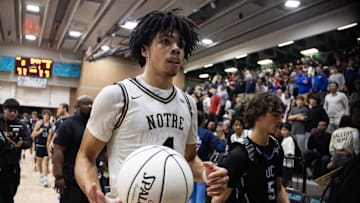 Jan 4, 2025; Gilbert, AZ, USA; Notre Dame High School (CA) forward Tyran Stokes (4) against Sandra Day O'Connor (AZ) during the Hoophall West High School Invitational at Highland High School. Mandatory Credit: Mark J. Rebilas-Imagn Images