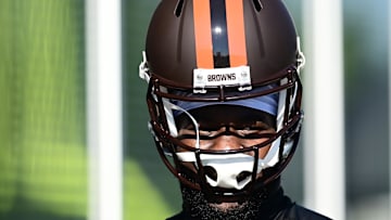Cleveland Browns defensive end Sam Kamara models a new alternate helmet during training camp 