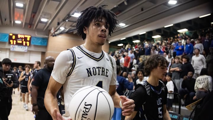 Jan 4, 2025; Gilbert, AZ, USA; Notre Dame High School (CA) forward Tyran Stokes (4) against Sandra Day O'Connor (AZ) during the Hoophall West High School Invitational at Highland High School. Mandatory Credit: Mark J. Rebilas-Imagn Images