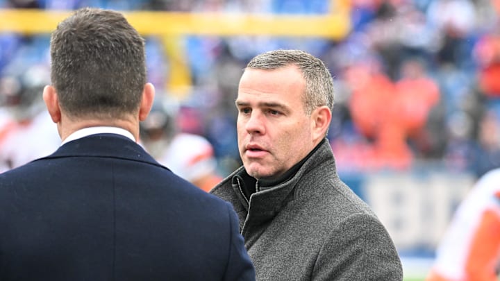 Buffalo Bills general manager Brandon Beane watches warmups prior to a game against the Denver Broncos.