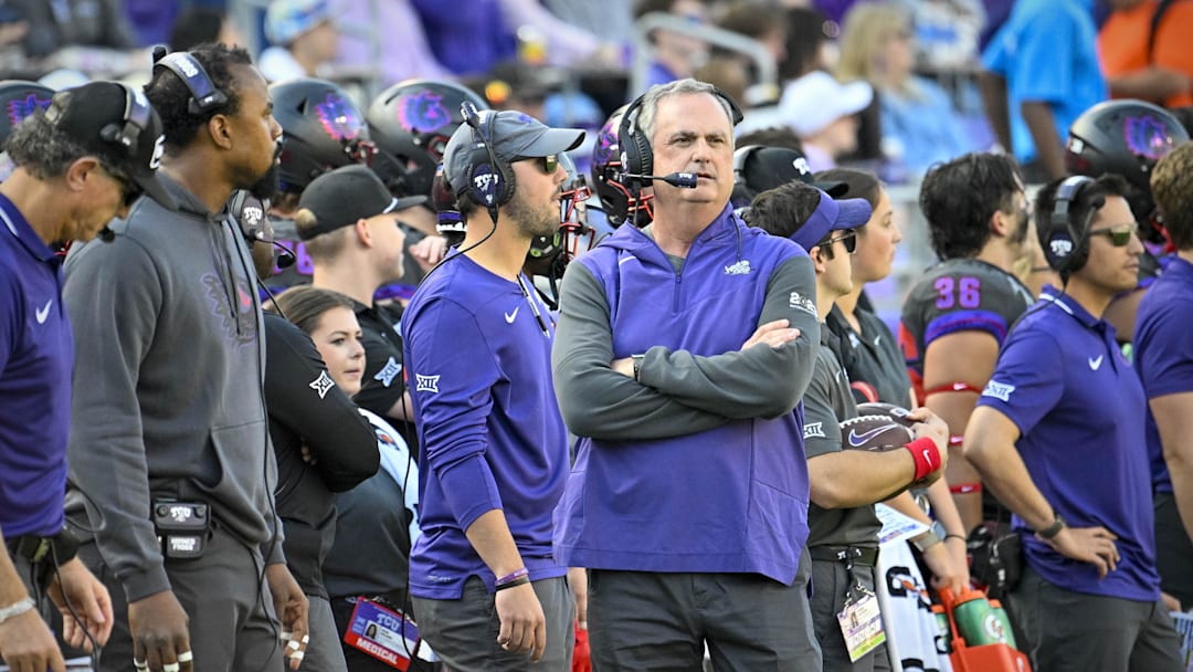 Nov 18, 2023; Fort Worth, Texas, USA; TCU Horned Frogs head coach Sonny Dykes during the game between the TCU Horned Frogs and the Baylor Bears at Amon G. Carter Stadium. Mandatory Credit: Jerome Miron-Imagn Images