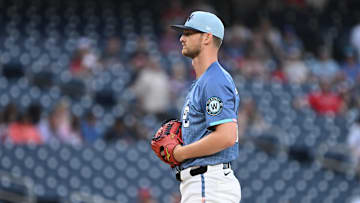 Jun 6, 2025; Washington, District of Columbia, USA; Washington Nationals starting pitcher Michael Soroka (34) prepares to throw a pitch during the first inning against the Texas Rangers at Nationals Park. Mandatory Credit: Rafael Suanes-Imagn Images