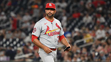 Jul 5, 2024; Washington, District of Columbia, USA; St. Louis Cardinals manager Oliver Marmol (37) walks back to the dugout after a visit to the mound against the Washington Nationals during the seventh inning at Nationals Park. Mandatory Credit: Rafael Suanes-Imagn Images