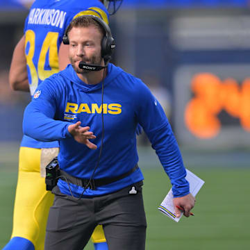 Nov 2, 2025; Inglewood, California, USA; Los Angeles Rams head coach Sean McVay reacts after a touchdown by his team against the New Orleans Saints during the first half at SoFi Stadium. Mandatory Credit: Jayne Kamin-Oncea-Imagn Images