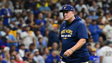 Oct 6, 2025; Milwaukee, Wisconsin, USA; Milwaukee Brewers manager Pat Murphy (49) walks back to the dugout after making a pitching change during the eighth inning against the Chicago Cubs during game two of the NLDS round for the 2025 MLB playoffs at American Family Field. Mandatory Credit: Benny Sieu-Imagn Images