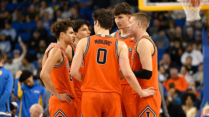 Feb 21, 2026; Los Angeles, California, USA; Illinois players Keaton Wagler (23), Andrej Stojakovic (2), David Mirkovic (0), Zvonimir Ivisic (44) and IBen Humrichous (3) during the 2nd half against the UCLA Bruins at Pauley Pavilion presented by Wescom Financial. Mandatory Credit: Robert Hanashiro-Imagn Images