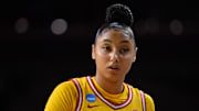 Mar 25, 2024; Los Angeles, CA, USA; USC Trojans guard JuJu Watkins (12) during an NCAA Women’s Tournament 2nd round game against the Kansas Jayhawks at Galen Center. Mandatory Credit: Robert Hanashiro-Imagn Images
