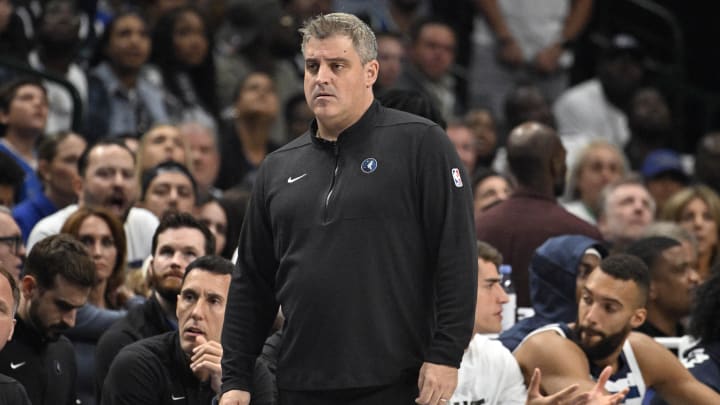 May 26, 2024; Dallas, Texas, USA; Minnesota Timberwolves assistant coach Micah Nori looks on in the second quarter against the Dallas Mavericks during game three of the western conference finals for the 2024 NBA playoffs at American Airlines Center. Mandatory Credit: Jerome Miron-USA TODAY Sports