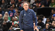 Oct 26, 2025; Washington, District of Columbia, USA; Washington Wizards head coach Brian Keefe looks on from the bench against the Charlotte Hornets during the third quarter at Capital One Arena. Mandatory Credit: Rafael Suanes-Imagn Images