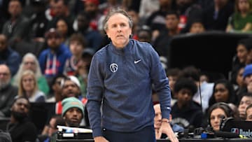 Oct 26, 2025; Washington, District of Columbia, USA; Washington Wizards head coach Brian Keefe looks on from the bench against the Charlotte Hornets during the third quarter at Capital One Arena. Mandatory Credit: Rafael Suanes-Imagn Images