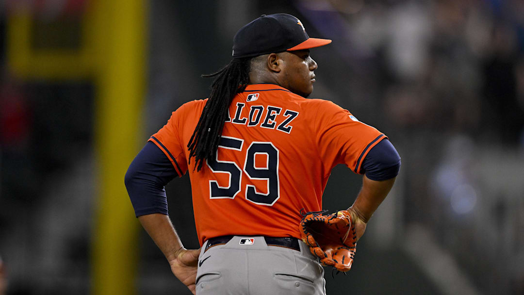 Sep 7, 2025; Arlington, Texas, USA; Houston Astros starting pitcher Framber Valdez (59) looks on during the game between the Texas Rangers and the Houston Astros at Globe Life Field. Mandatory Credit: Jerome Miron-Imagn Images