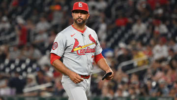 Jul 5, 2024; Washington, District of Columbia, USA; St. Louis Cardinals manager Oliver Marmol (37) walks back to the dugout after a visit to the mound against the Washington Nationals during the seventh inning at Nationals Park. Mandatory Credit: Rafael Suanes-USA TODAY Sports