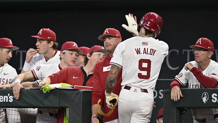 Feb 23, 2025; Arlington, TX, USA; The Michigan Wolverines play the Arkansas Razorbacks during the Amegy Bank College Baseball Series presented by Kubota Weekend 2 at Globe Life Field. Mandatory Credit: Jerome Miron-Imagn Images