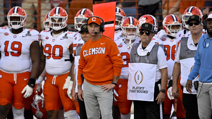 Dec 21, 2024; Austin, Texas, USA; Clemson Tigers head coach Dabo Swinney during the game between the Texas Longhorns and the Clemson Tigers in the CFP National Playoff First Round at Darrell K Royal-Texas Memorial Stadium. Mandatory Credit: Jerome Miron-Imagn Images