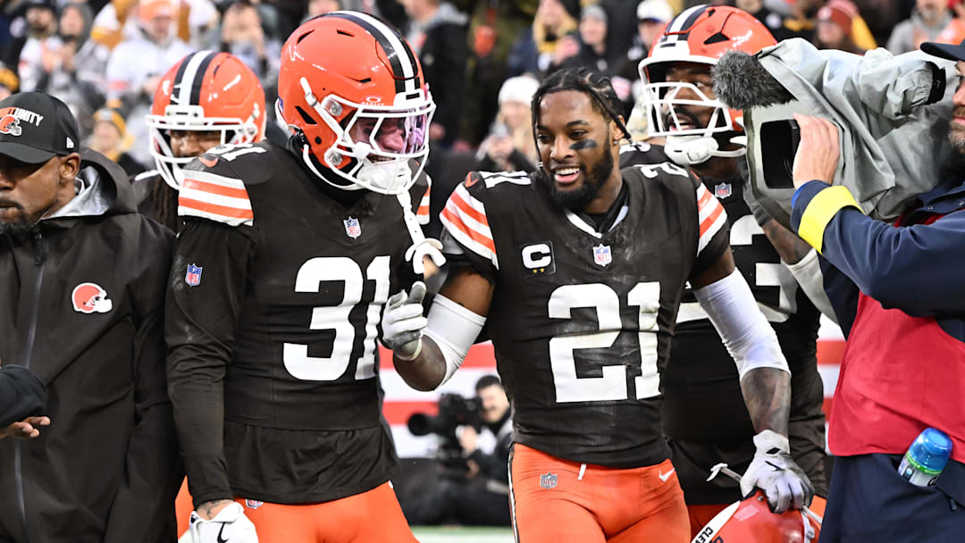 Dec 28, 2025; Cleveland, Ohio, USA;  Cleveland Browns cornerback Denzel Ward (21) and safety Donovan McMillon (31) celebrate after the game against the Pittsburgh Steelers at Huntington Bank Field. Mandatory Credit: Ken Blaze-Imagn Images