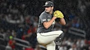 Sep 27, 2024; Washington, District of Columbia, USA;  Washington Nationals pitcher Joe La Sorsa (53) delivers a pitch during the ninth inning against the Philadelphia Phillies at Nationals Park. Mandatory Credit: James A. Pittman-Imagn Images
