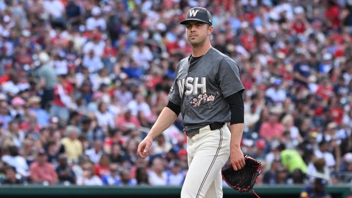 Jun 8, 2024; Washington, District of Columbia, USA; Washington Nationals starting pitcher MacKenzie Gore (1) walks off the mound against the Atlanta Braves during the fifth inning at Nationals Park. Mandatory Credit: Rafael Suanes-USA TODAY Sports