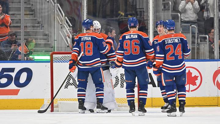Mar 17, 2026; Edmonton, Alberta, CAN; Edmonton Oilers goalie Connor Ingram (39) along with left winger Zach Hyman (18) and defenseman Jake Walman (96) and defenseman Spencer Stastney (24) celebrate their win over the San Jose Sharks during the third period at Rogers Place. Mandatory Credit: Walter Tychnowicz-Imagn Images